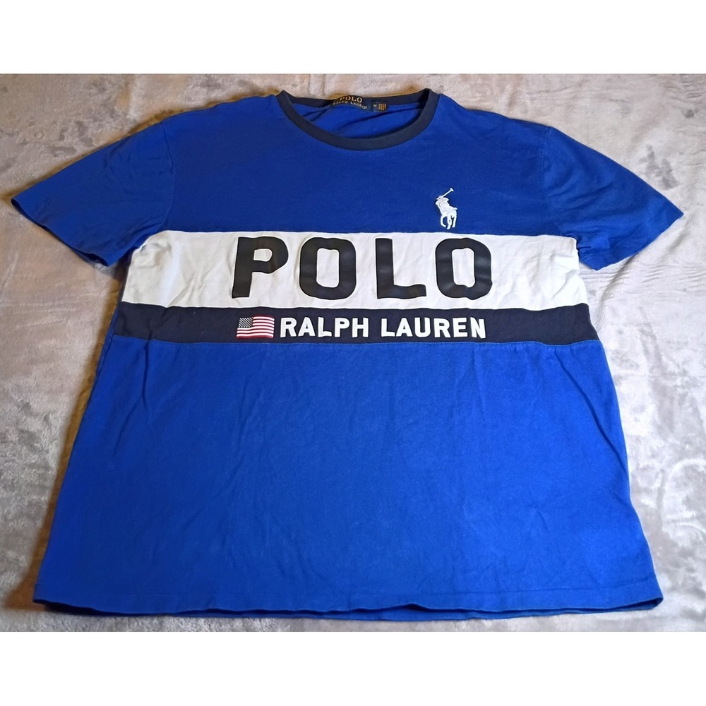 Polo Ralph Lauren Mens Medium Blue Colorblock Graphic T-Shirt Short Sleeve
